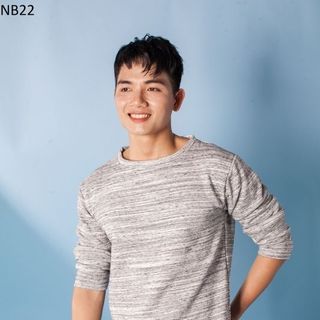 Nb22 áo thun nam tay dài trắng gân xám