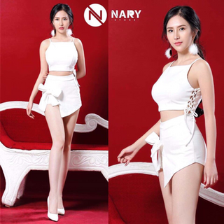 Set áo crop đan 1 bên quần váy nơ sq1399