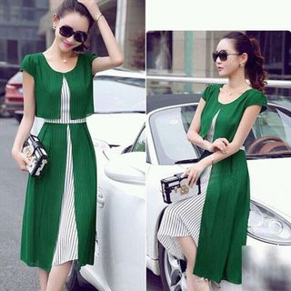 Đầm maxi sọc phối voan xanh