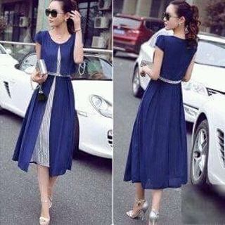 Đầm maxi sọc phối voan xanh