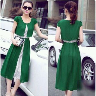 Đầm maxi sọc phối voan xanh