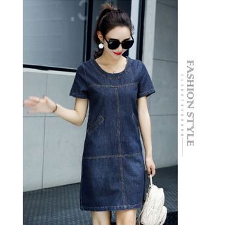 Đầm Jean Suông Cổ Tròn Phối Túi