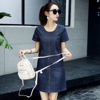 Đầm Jean Suông Cổ Tròn Phối Túi
