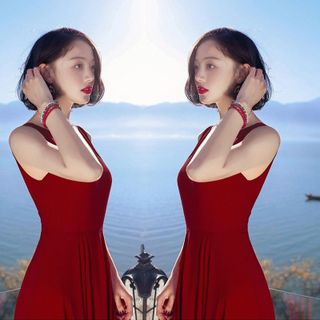 Đầm maxi đỏ cổ V cột eo nơ