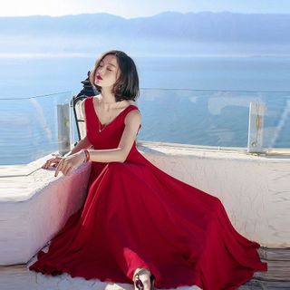 Đầm maxi tím cổ V cột eo nơ
