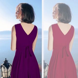 Đầm maxi tím cổ V cột eo nơ