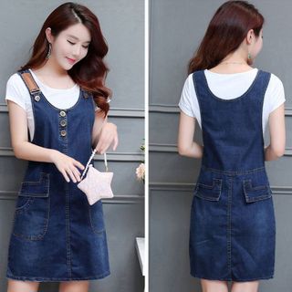 Đầm Jean Yếm Dây Da Phối Túi