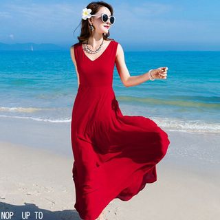 Đầm maxi xanh cổ V thắt eo nơ