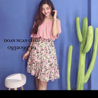 đầm hoa xoè trễ vai