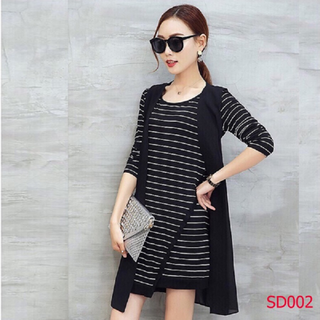 SÉT ĐẦM SỌC TAY DÀI ÁO GILÊ - SD002