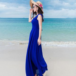 Đầm maxi dài đen cổ V thắt eo nơ
