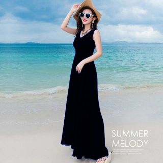 Đầm maxi dài đen cổ V thắt eo nơ
