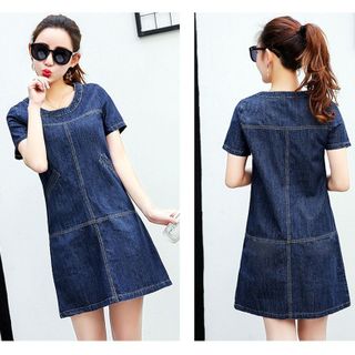 Đầm Jean Suông Phối Túi Cổ Tròn