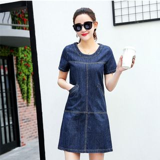 Đầm Jean Suông Phối Túi Cổ Tròn