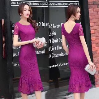 Đầm Ren Tím Cẩm Đuôi Cá Ngắn Tay Candy