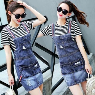 Đầm Jean Yếm Dây Sọc Phối Túi Wash Rách