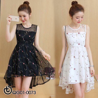 đầm xoè sát nách thêu hoa nổi