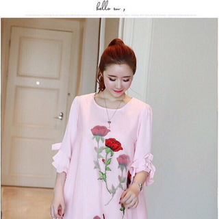 đầm suông tay cột nơ in hoa hồng
