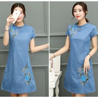 Đầm Jean Thêu Hoa Cổ Giọt Nước