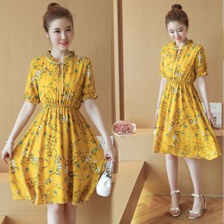 Đầm xòe nơ cổ hoa lá June