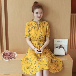 Đầm xòe nơ cổ hoa lá June