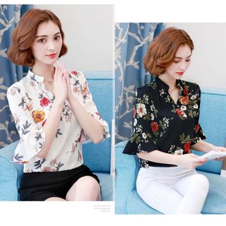 Áo Sơ Mi Kiểu Cổ Trụ V Phối Nút Rose Họa Tiết Hoa Hồng Nền Trắng