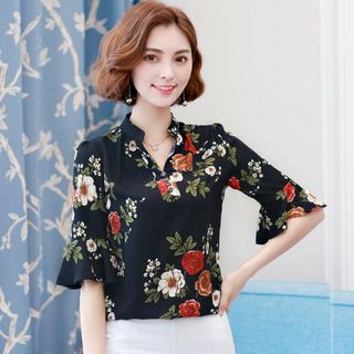 Áo Sơ Mi Kiểu Cổ Trụ V Phối Nút Rose Họa Tiết Hoa Hồng Nền Trắng