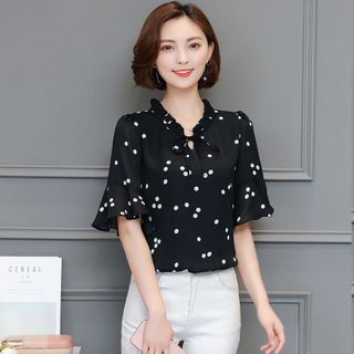 Áo Sơ Mi Kiểu Cổ V Nhún Cột Nơ Nền Trắng Chấm Bi Đen