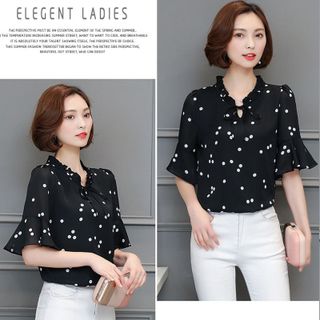 Áo Sơ Mi Kiểu Cổ V Nhún Cột Nơ Nền Trắng Chấm Bi Đen