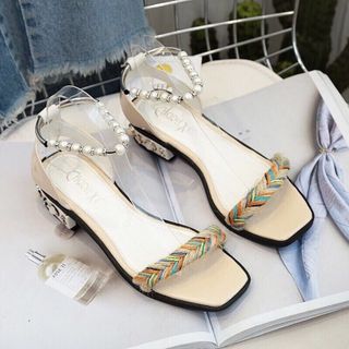LOẠI I-giày sandal gót vuông quai choàng kết ngọc