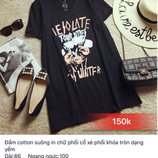 Đầm cotton in chữ phối cổ xẻ phối khoá
