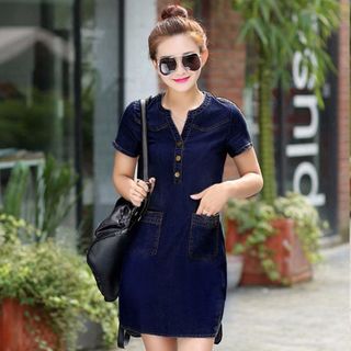 Đầm Jean vạt Bầu Cổ V Phối Túi