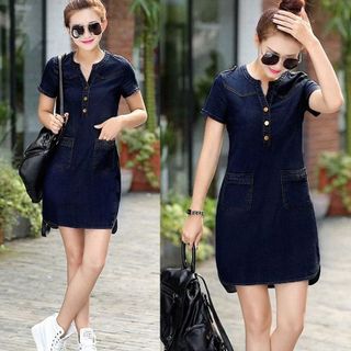 Đầm Jean vạt Bầu Cổ V Phối Túi