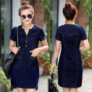 Đầm Jean vạt Bầu Cổ V Phối Túi
