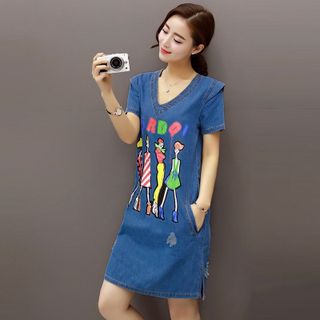 Đầm Jean chữ A in CARDQI Cổ Tim