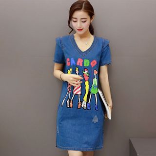 Đầm Jean chữ A in CARDQI Cổ Tim