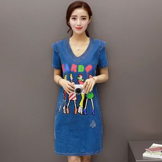 Đầm Jean chữ A in CARDQI Cổ Tim