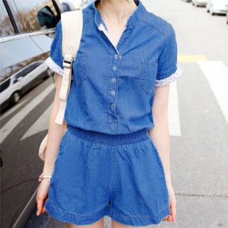 Set Bộ Short Jean Tay Áo Viền Hoa Cổ V