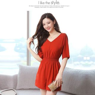 Jumpsuit hồng dâu cổ tim quần giả váy bo eo có size XXL