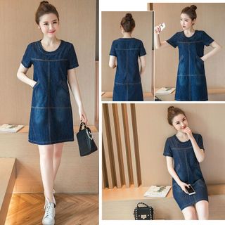 Đầm jean chữ A phối túi cổ tròn có size XXL