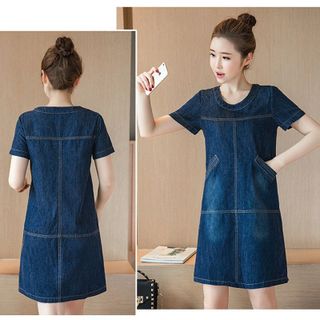 Đầm jean chữ A phối túi cổ tròn có size XXL