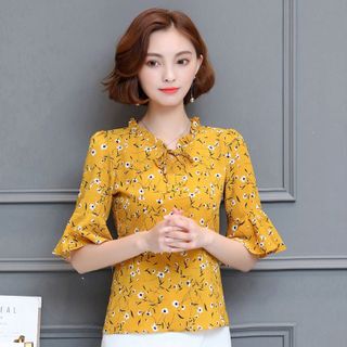 Áo sơ mi hoa xanh đen cổ nhún cột nơ tay loe