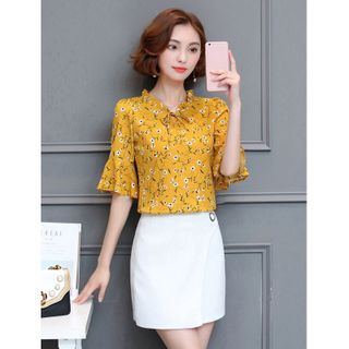 Áo sơ mi hoa xanh đen cổ nhún cột nơ tay loe