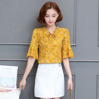 Áo sơ mi hoa xanh đen cổ nhún cột nơ tay loe