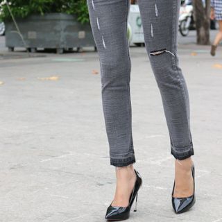 Quần jeans nữ đen wash xước