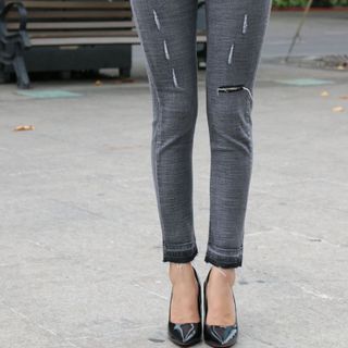 Quần jeans nữ đen wash xước