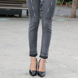 Quần jeans nữ đen wash xước