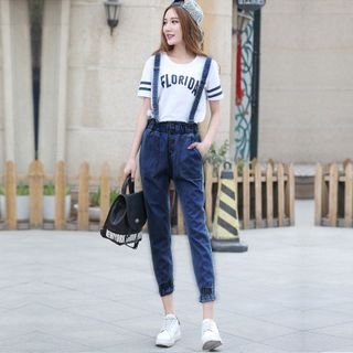 Quần Jean Yếm Dài Lưng Thun Nhún Bo