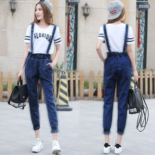 Quần Jean Yếm Dài Lưng Thun Nhún Bo
