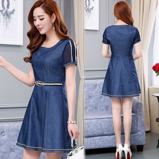 Đầm Jean Xòe Tay Lưới Kèm Nịt